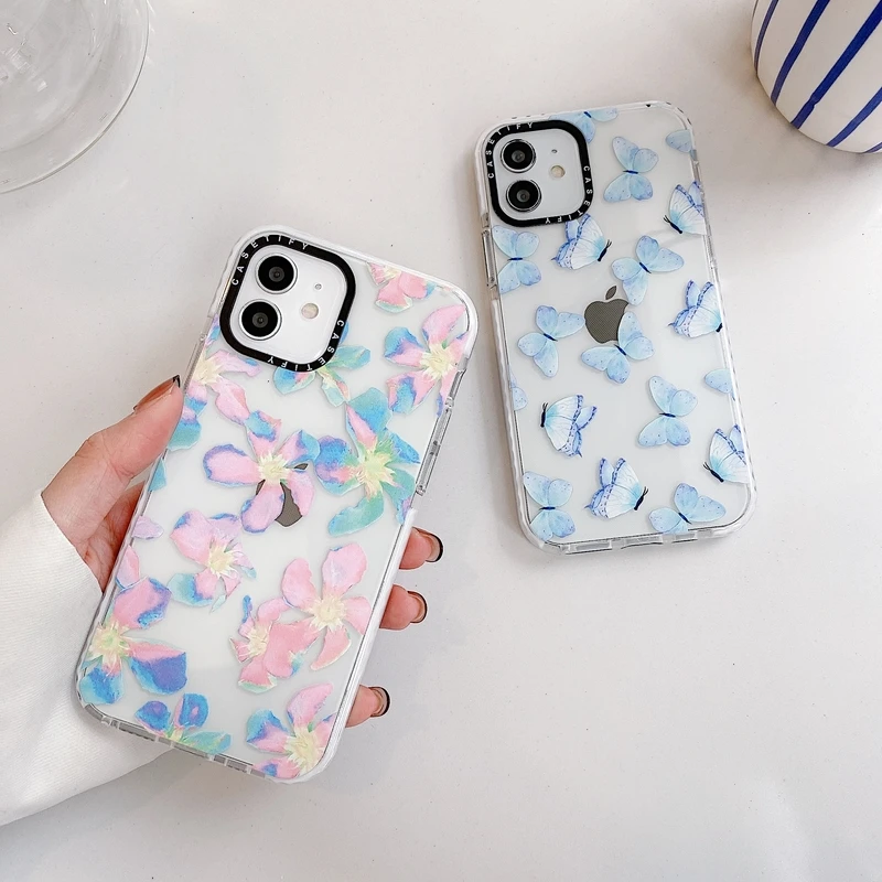 

Fashion Retro Colored Flowers Butterfly Phone Case For iPhone 13 12 11 Pro Max Mini X Xs Max Xr 7 8 Puls SE 2020 Case Soft Cover