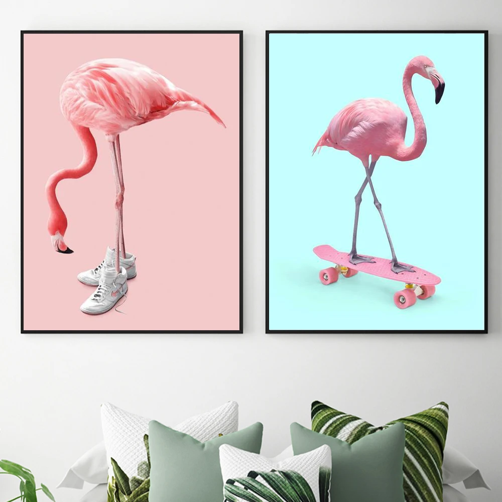 

Wall Art Poster Skateboard Flamingo Canvas Painting Funny Animal Poster and Picture Quadros Wall Art Pictures Kids Room Decor