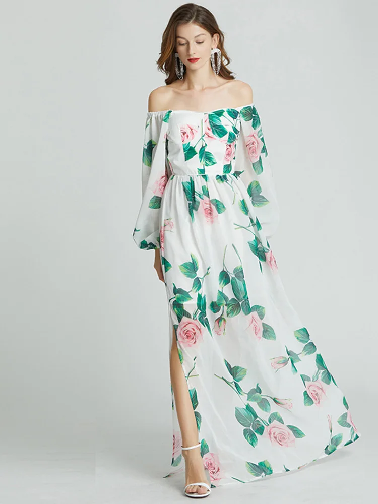 

Chiffon Dress Slash Neck Side Split Sexy Women Summer Floral Printing Dresses Empire Holiday Full Vestidos