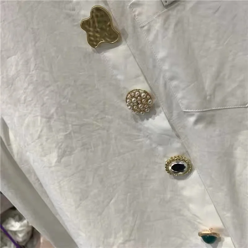 

JSXDHK Runway Designer Spring Summer Cotton White Shirt Tops Fashion Women Beading Buttoon Lantern Sleeve Loose Blouses Femme