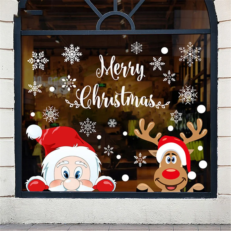 

Christmas PVC Static Sticker Santa Elk Window Stickers Beautify Snowflake Wall Decals New Year Party Glass Paste 2022 Removable
