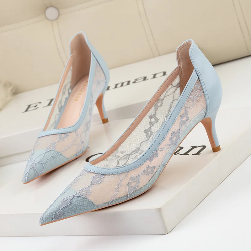 

High heel fine heel shallow mouth pointed flower embroidery line lace net hollow out sexy nightclub single shoes