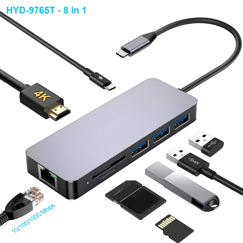 Тип C 8 в 1 док станция с HDMI 4K Gigabit RJ45 PD зарядки USB3.0 Поддержка: Windows Me/2000/XP/Vista/Windows NT/7/8
