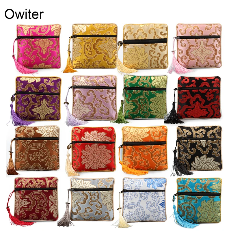 

Chinese Square Silk Jewelry Organizer Pouches Zipper Bag Embroidery Flower Travel Bags Coin Purse Packaging Small Gift