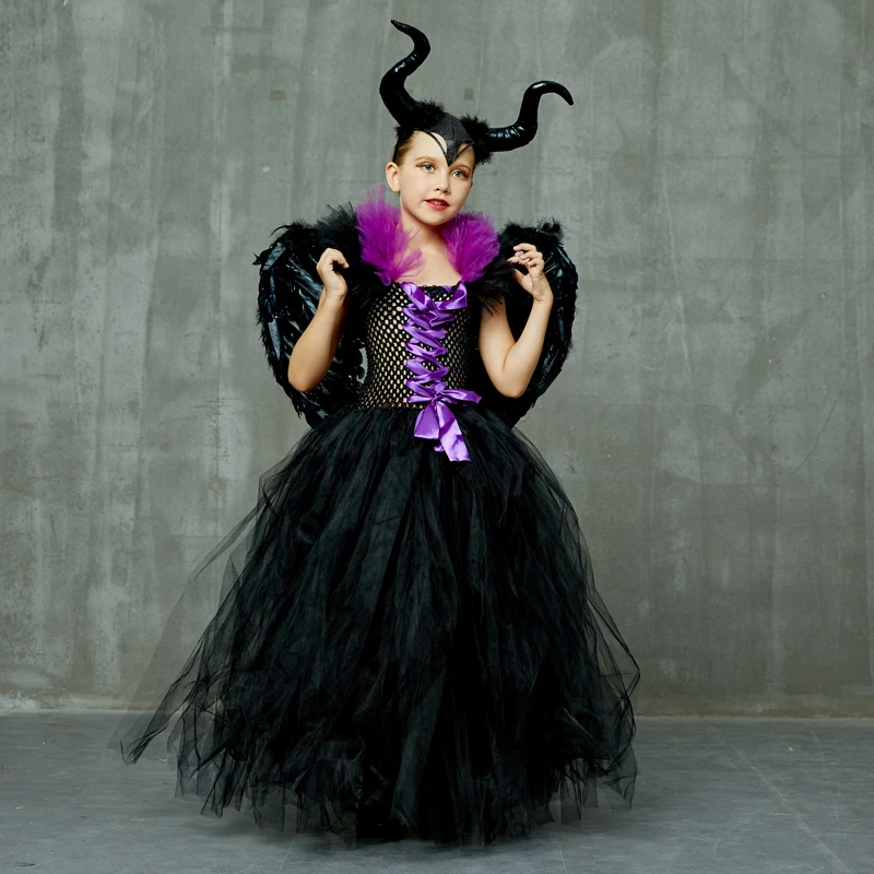 Maleficent/платье-пачка «злая королева» для девочек с роговыми крыльями; костюм ведьмы для косплея; детское праздничное рождественское платье