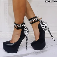 kolnoo new arrival ladies high heels pumps patchwork leather three buckle straps platform party dress shoes fashion court shoes