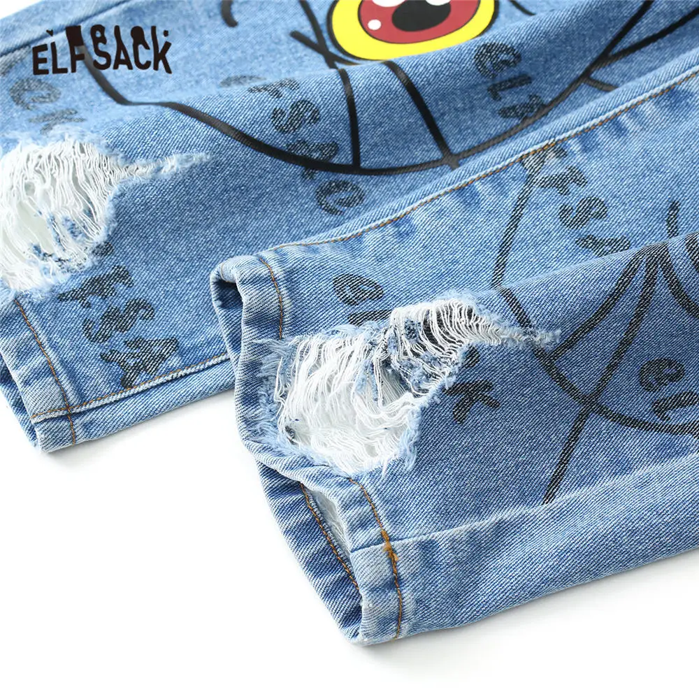 Женские джинсы ELFSACK синие однотонные потертые с мультипликационным принтом и