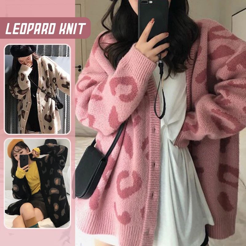 

Autumn Winter Women Warm Sweater Coat Oversized Leopard Pattern V-Neck Button Knitted Cardigan Outwear Tops