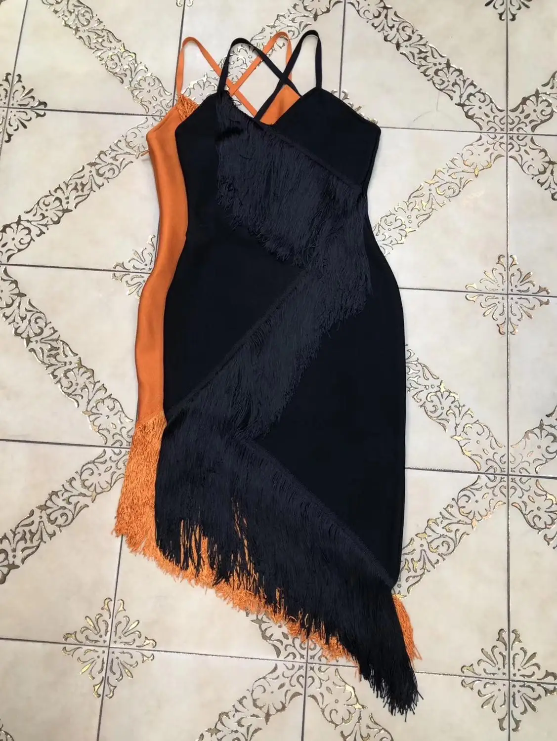 

2019 Women Fashion black orange v neck spaghetti strap Bandage dress Vestidos Celebrity evening party bodycon dresses