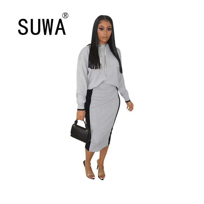 Женский костюм с длинным рукавом и юбкой миди серый повседневный в стиле пэчворк