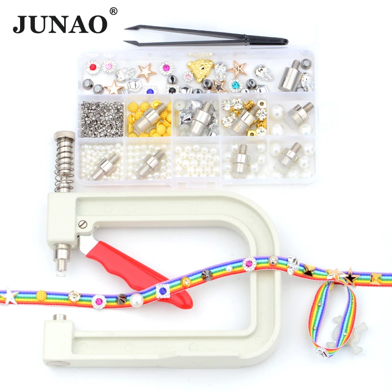 JUNAO 10 Mold Manual Punching Pearl Setting Machine Rhinestones Beads Rivet Fixing Machine Hand Press Tools for Clothes Crafts