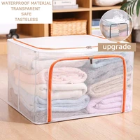 mcao clothes storage box foldable closet organizer metal frame oxford cloth sorting luggage with clear window carry handletj3671
