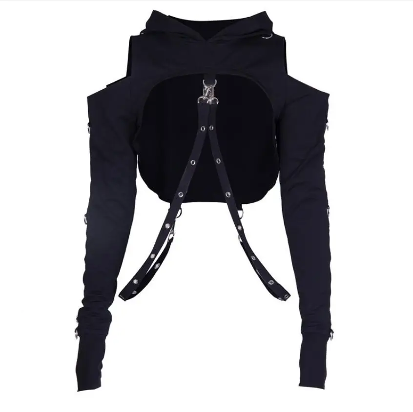 

Black Cold Shoulder Hooded Hoodies Women Gothic Sexy 2021 Long Sleeve Crop Tops Lady Cool Chain Sweatshirt Fashion Top p2348
