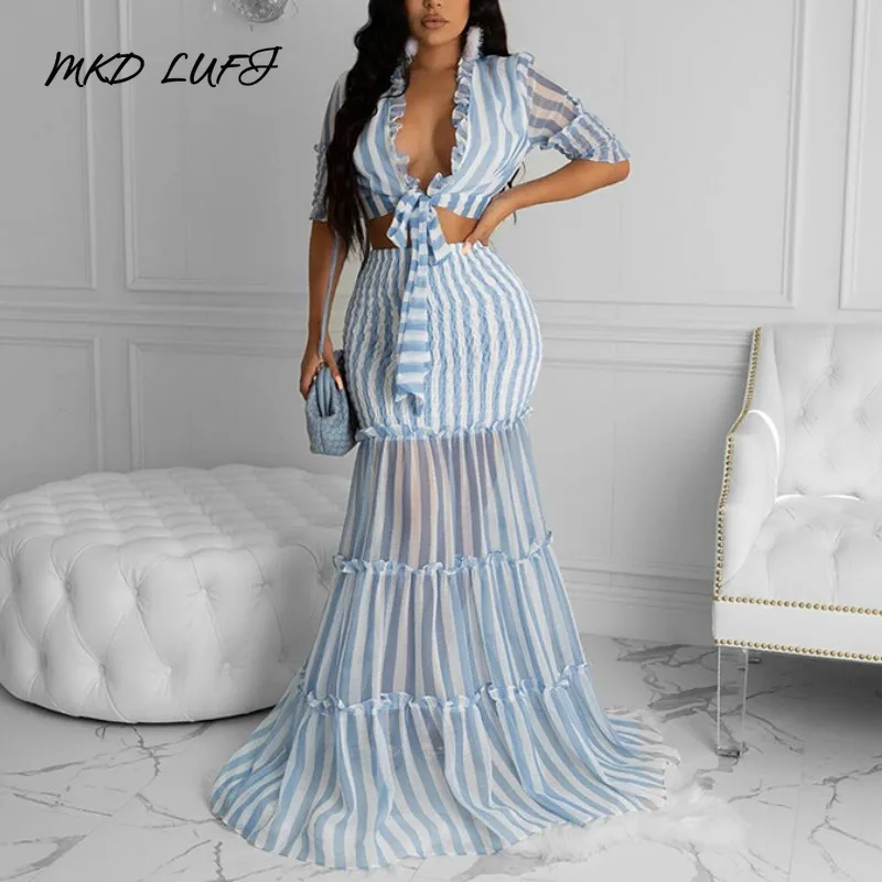 Half Sleeve Knotted Front Crop Tops & Bandeau Maxi Skirts Set Women 2 Piece Set Outfits Striped Women Two Piece Dress