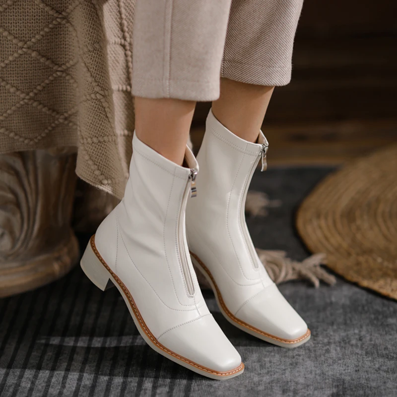 

New Arrive Women Ankle Boots Genuine Leather Casual Shoes High Heels Square Toe Zip Winter Short Boots Women Chelsea Boots