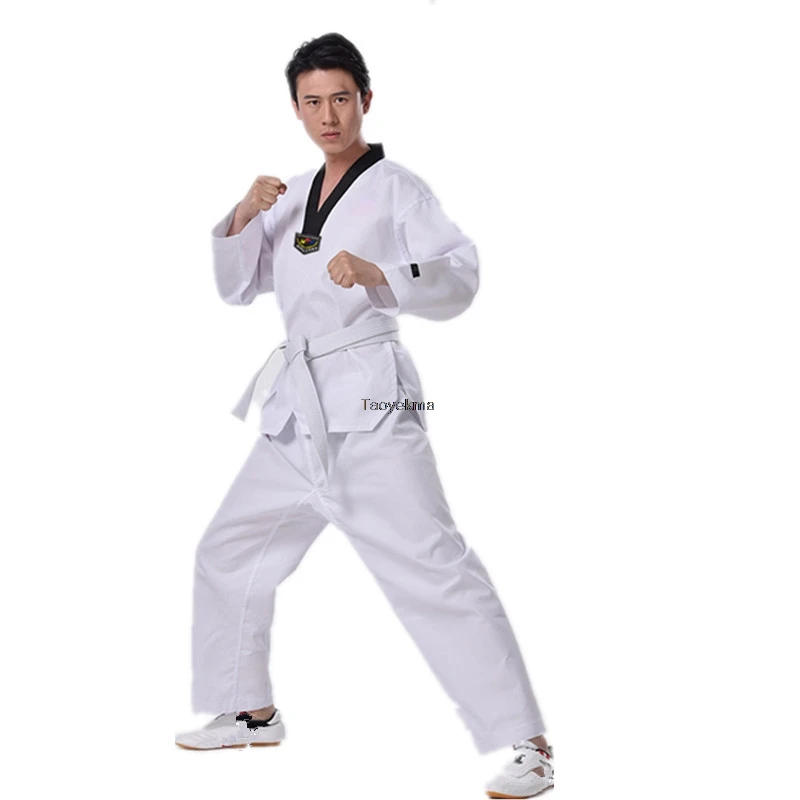 Белая униформа для тхэквондо детей и взрослых костюм Dobok WTF Karate одежда с длинным