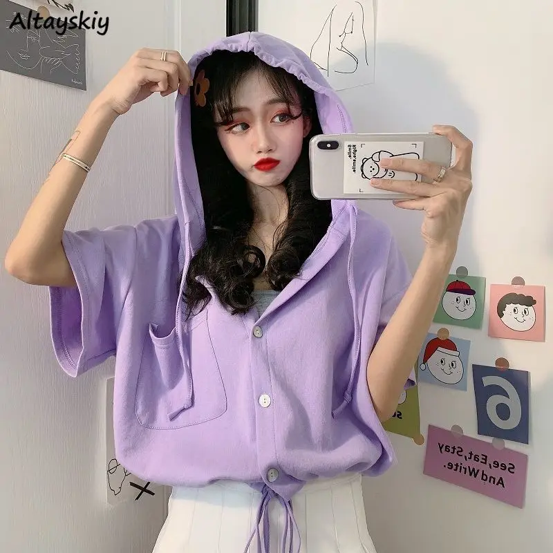 

Женский укороченный топ с капюшоном, однотонная простая повседневная футболка для студентов в стиле ольччан, лидер продаж, летняя шикарная ...