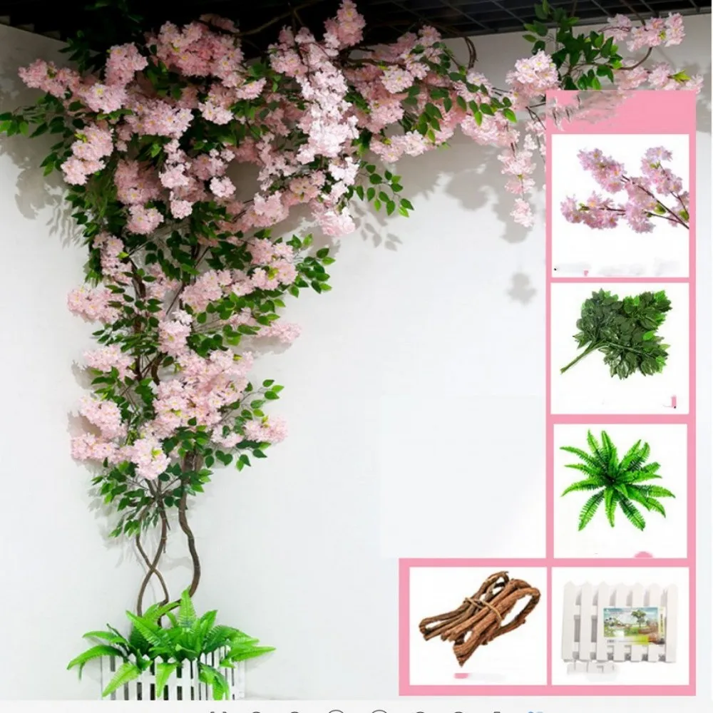 

Artificial Cherry Blossom Sakura Tree Stem With Fake Cherry Blossom Flower Dried Branches Rattan Sets For Home Wall Decoration