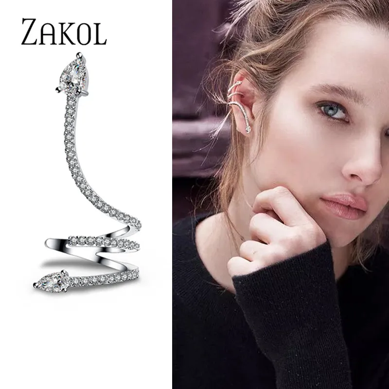 ZAKOL Fashion 1 Piece Punk Ear Clip Cz Zirconia Snake Shape Fake Cartilage Stud Earings for Women Girl Party Jewelry Gift | Украшения и