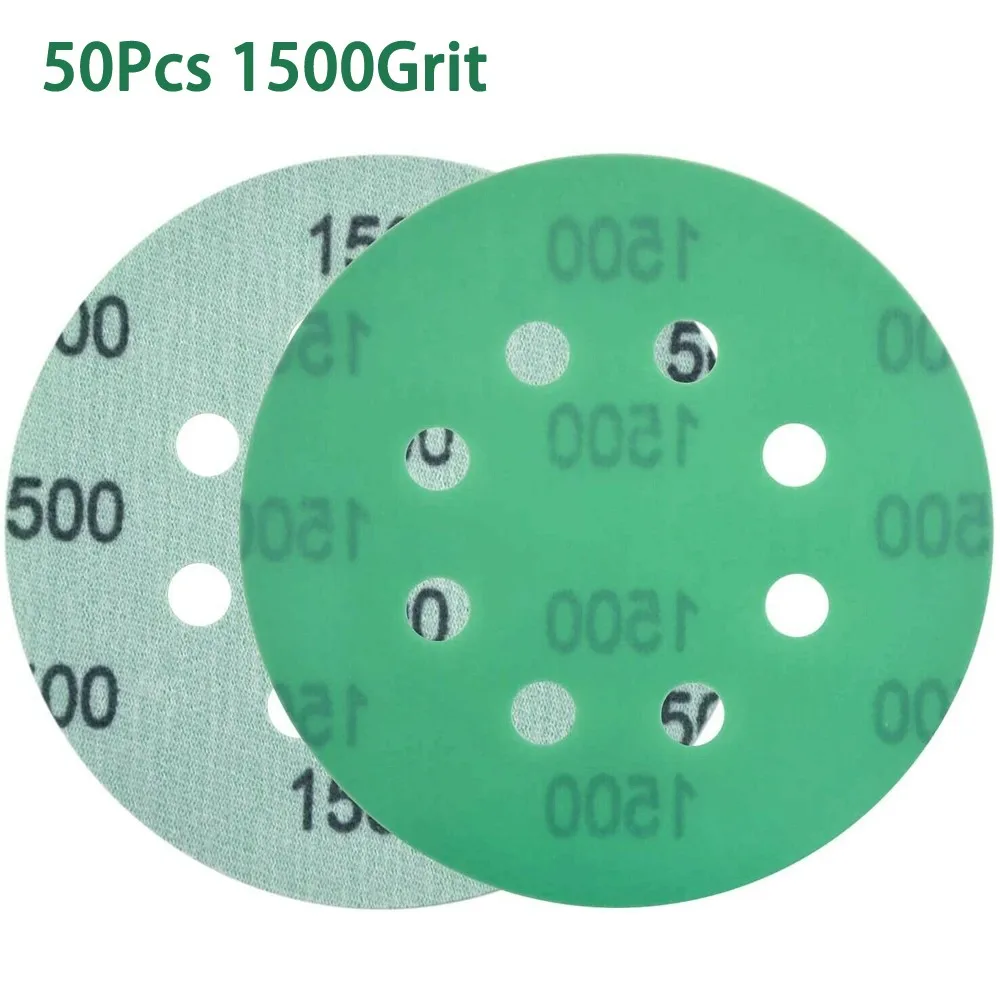 

50 шт. 5 в 8 отверстий, Влажная/сухая зеленая пленка, шлифовальные диски, наждачная бумага с крючком и петлей, 125 мм шлифовальная бумага, 1500 Грит,...
