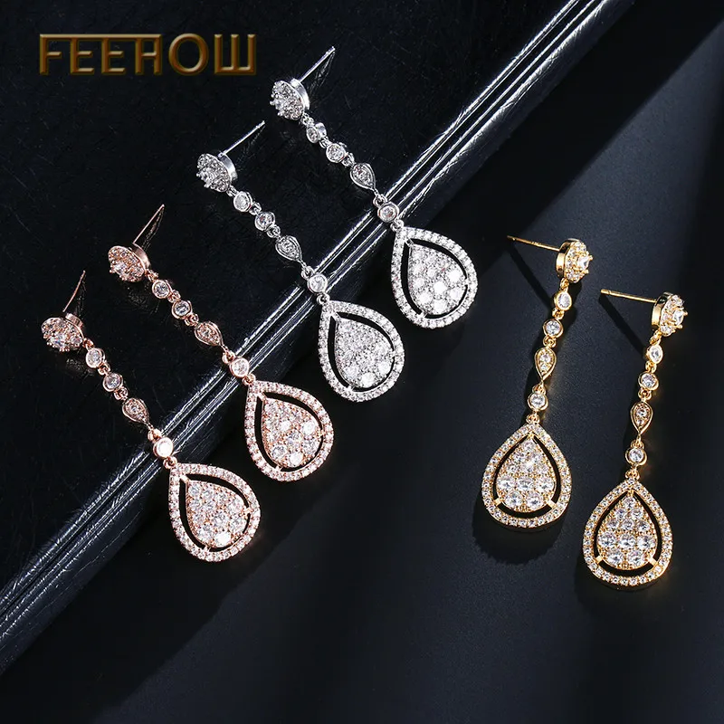 Женские длинные висячие серьги FEEHOW романтические с камнями из фианита для
