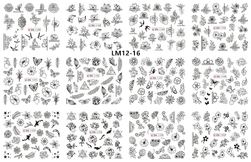 12 Designs Watermark Nail Art Decoration Water Decals Flower Flamingo Bird Rose Sticker Manicure Sliders Adhesive Tip BN913-924