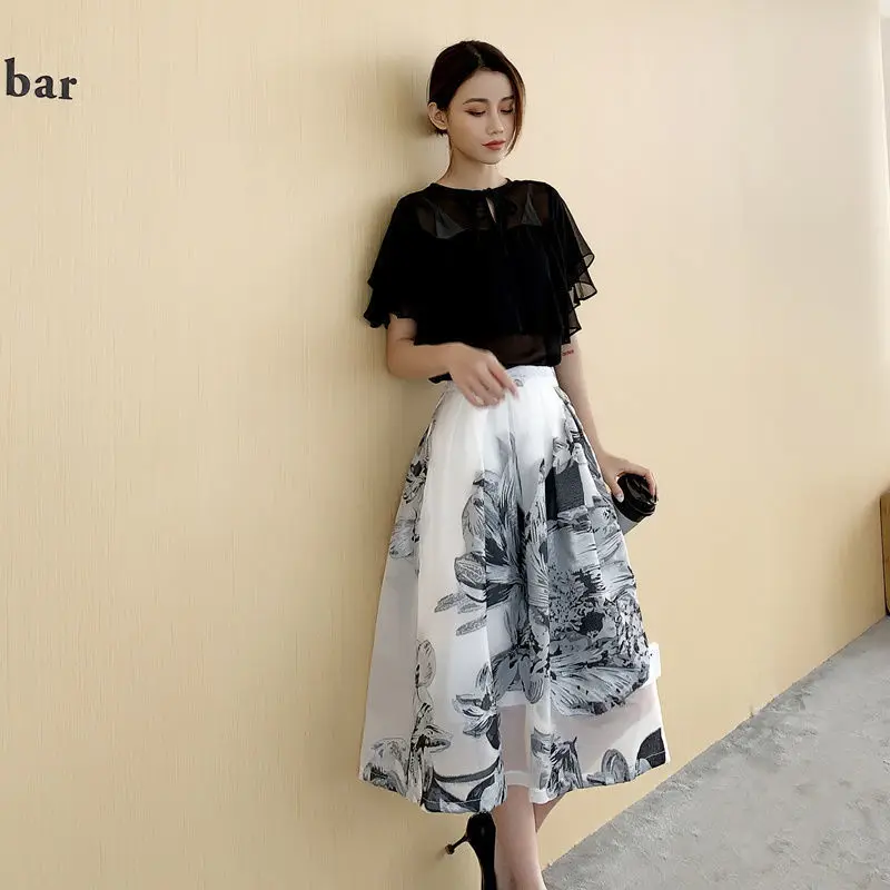 

Chiffon Printed 2 Pieces Women Skirts Sets Summer New 2021 Ruffles T-Shirts And A-Line Skirts Elegant Office Lady Clothing Suits