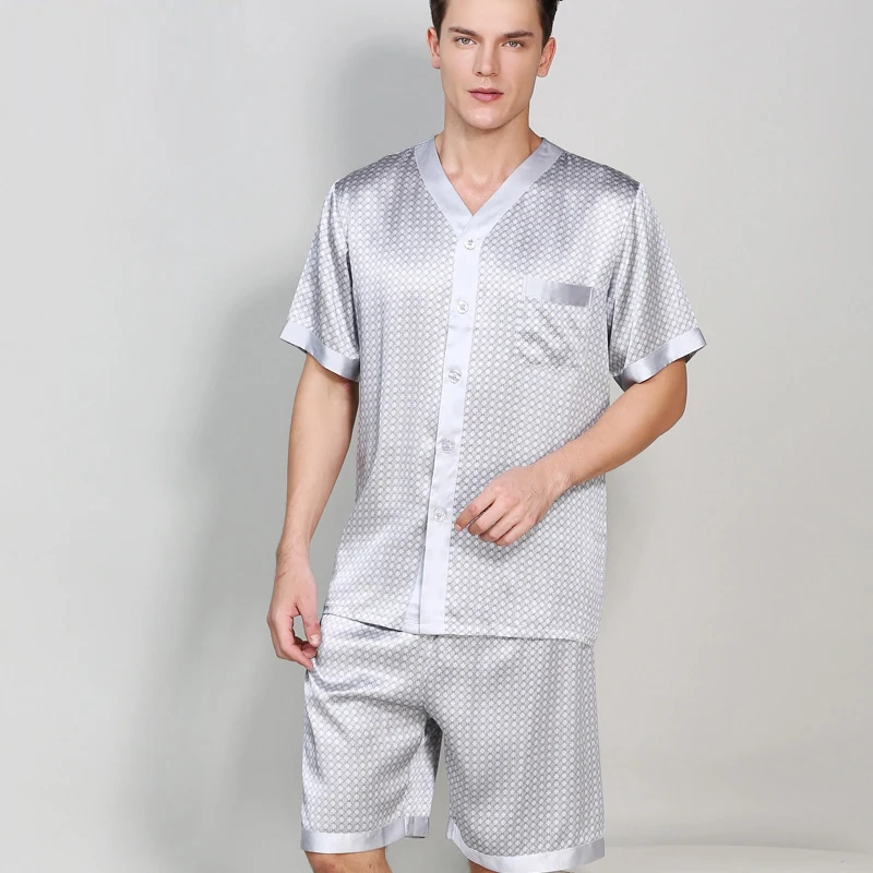 100% Silk Men Pajama Sets Noble Classic Notch Collar Short Sleeves Top and Short Pant with Elastic Waist Pajamas Pyjama sp0142