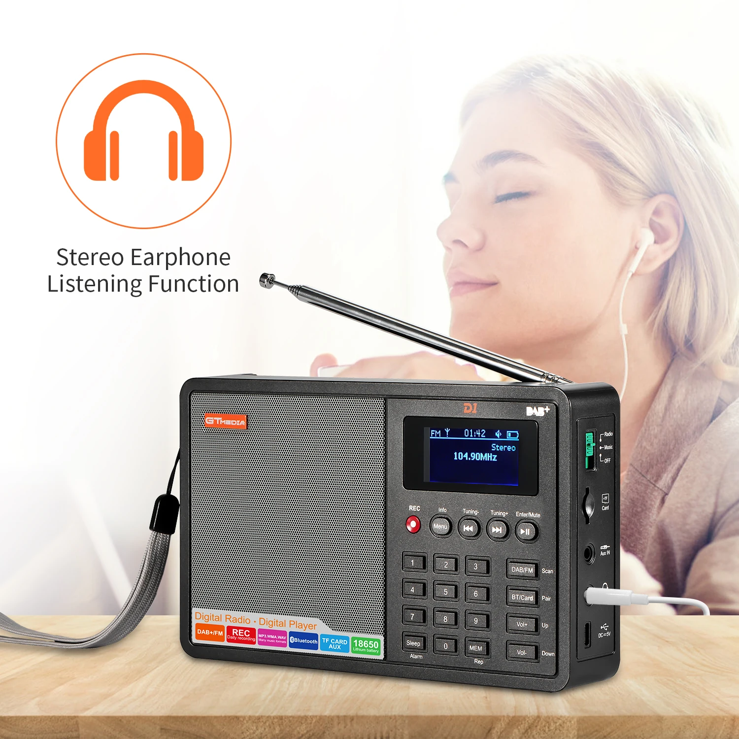 Портативное цифровое радио GTMEDIA D1 поддержка DAB +/FM + BT/карта/AUX многополосный
