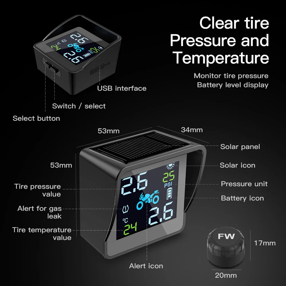 

Motorcycle TPMS Wireless Solar Tire Temperature Tire Pressure Monitoring System LCD Color Screen + 2PCS Sensor