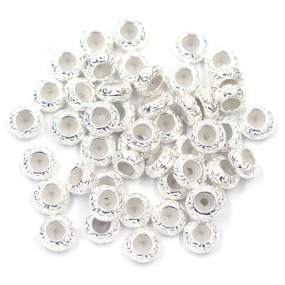 

50Pcs European Spacer Beads With Rubber Stopper Flower Carved Round Silver Plated For Charm Bracelets Jewelry DIY Finding 11x5mm
