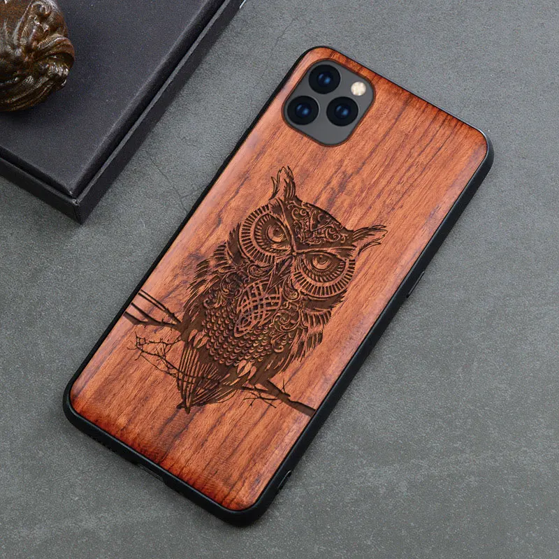 Carved Real Wood Case for iPhone 11 Wooden TPU Frame Skull Wave Flora Pro Max 7 8 Plus XS X XR |
