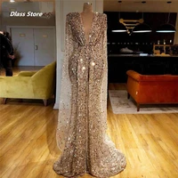 gold glitter prom dresses arab dubai sequins beads v neck mermaid evening dresses luxury long sleeves pageant dress high quality