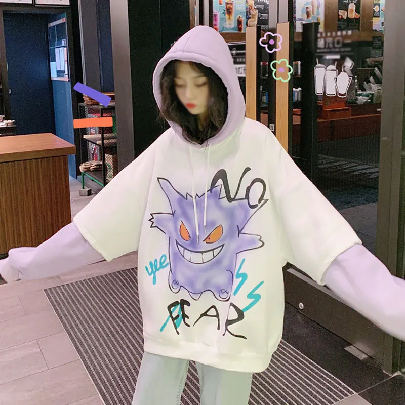 

Sweatshirt Women Cartoon Printed Loose Thickening Hooded Autumn Winter Drawstring Velvet Warm Tops Fake 2 PCS Hoodies