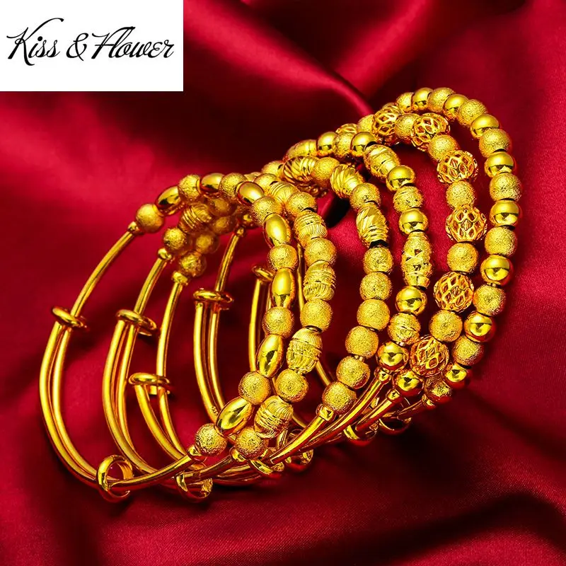 

KISS&FLOWER BR182 Fine Jewelry Wholesale Fashion Woman Birthday Wedding Gift Lucky Beads 24KT Gold Resizable Bracelet Bangle