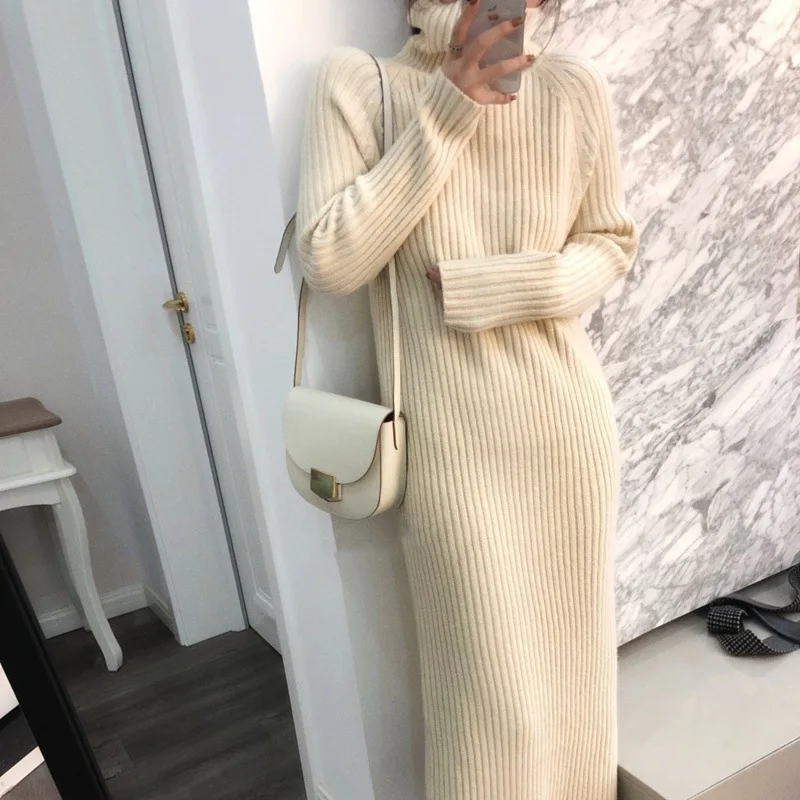 Knitted Sleeve Turtleneck 2023 Thick Women Long Pullovers Winter Sweater Dress Tricot Pull Femme