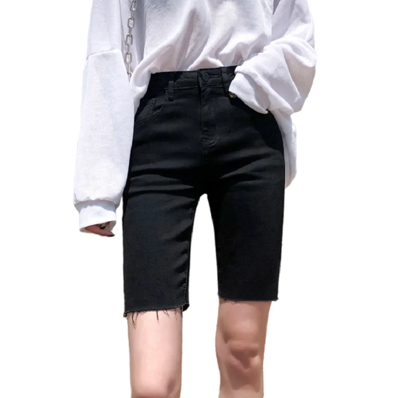 

High Waist Women's Denim Shorts Black 2021 Korean Fashion Jeans Breeches Cycling Knee Pencil Pants Leggings Trousers for Egirls