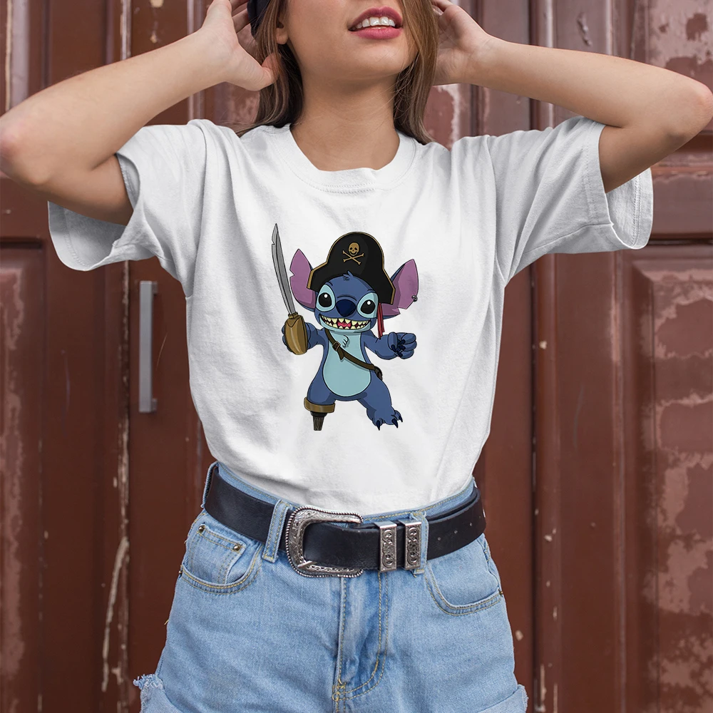 

Stitch Cosplay Captain Jack Print Y2k Fashion Women T-shirt Disney Stylish Harajuku Summer Female Shirt Streetwear Cute Fun