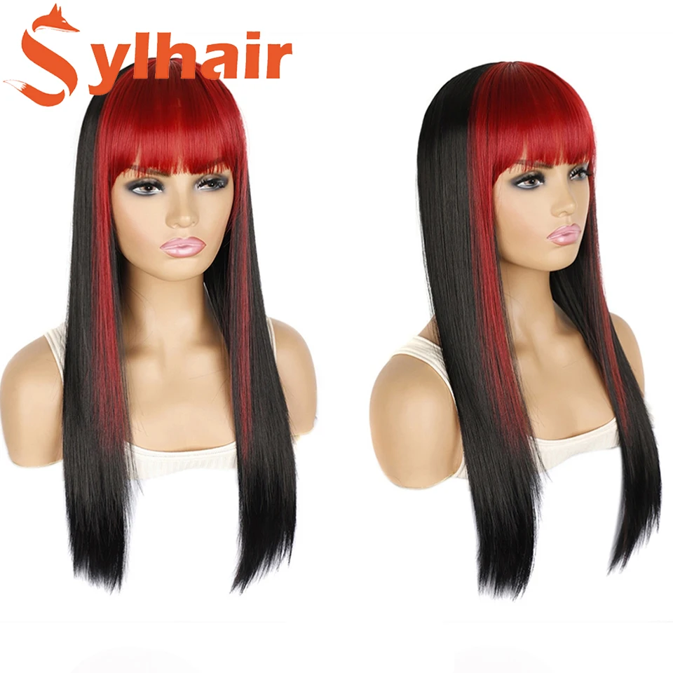 

Long Straight Synthetic Wig Highlight Pink Grey Lolita Girl Cosplay Bangs Black Red Pink Highlights Color Fashion Wigs For Women
