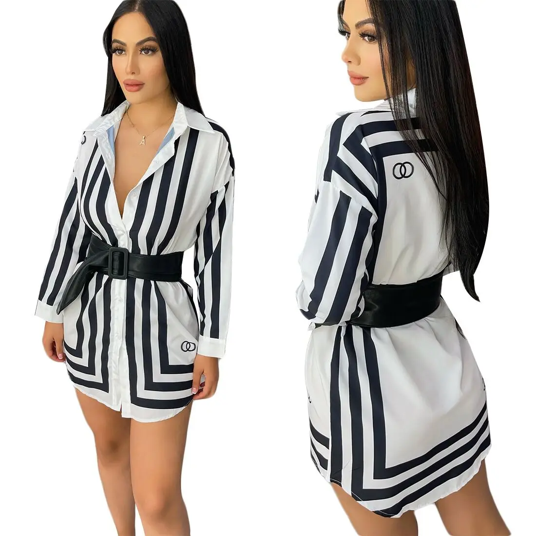 

Mini Short Shirt Dress 2022 Lady New Fashion New Street Casual Style Short Dress Long Sleeve Lapel Printed Single Breasted