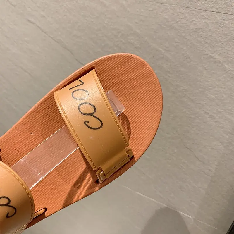 

2021 Summer New Sandals Women Fashion Round Toe Non Slip Flat Slides Female Casual Beige Sticky Tape Open Toe Beach Shoes Woman