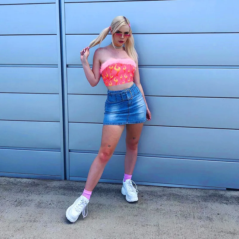 Пушистые Женские топы с принтом огненного пламени розовые милые без бретелек