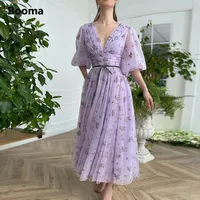 Booma Lavender Plunging V-Neck Tulle Midi Prom Dresses Half Puff Sleeves Embroidery Lace Tea-Length A-Line Wedding Party Dresses