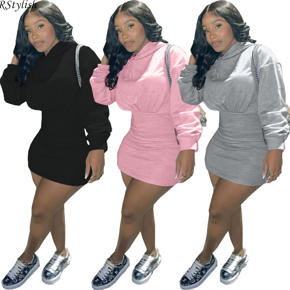 

RStylish Autumn Winter Women Casual Streetwear Solid Color Long Sleeve Pullover Hooded Sweatshirt Dress