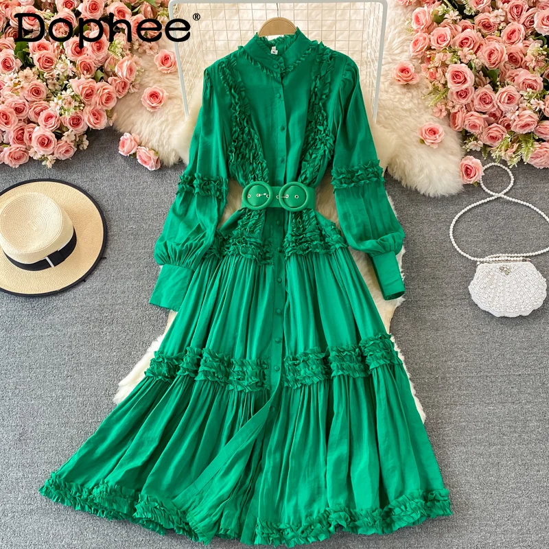 

Женское элегантное платье макси, элегантное плиссированное платье составного кроя с длинным рукавом, оборками и поясом на талии, осень 2021