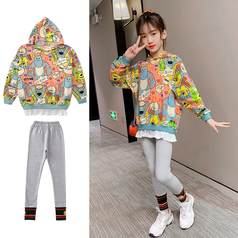 

Весенняя одежда для девочек, осень 2021, повседневный Детский костюм с мультяшным животным и коровьим принтом, новый спортивный свитер, костюм из двух предметов для молодых девушек