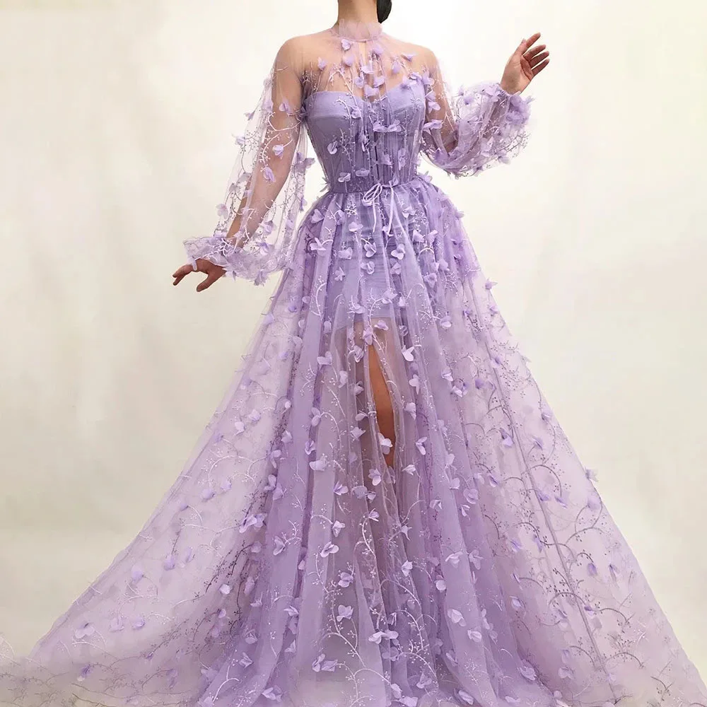 

Женское платье для выпускного Thinyfull, с цветами лаванды, с высоким воротом, с длинным рукавом, 2021