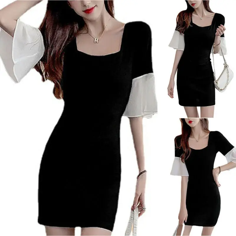 

Women Sexy Backless Bow Slim Buttock Short Dress Lady Flared Sleeves Mini