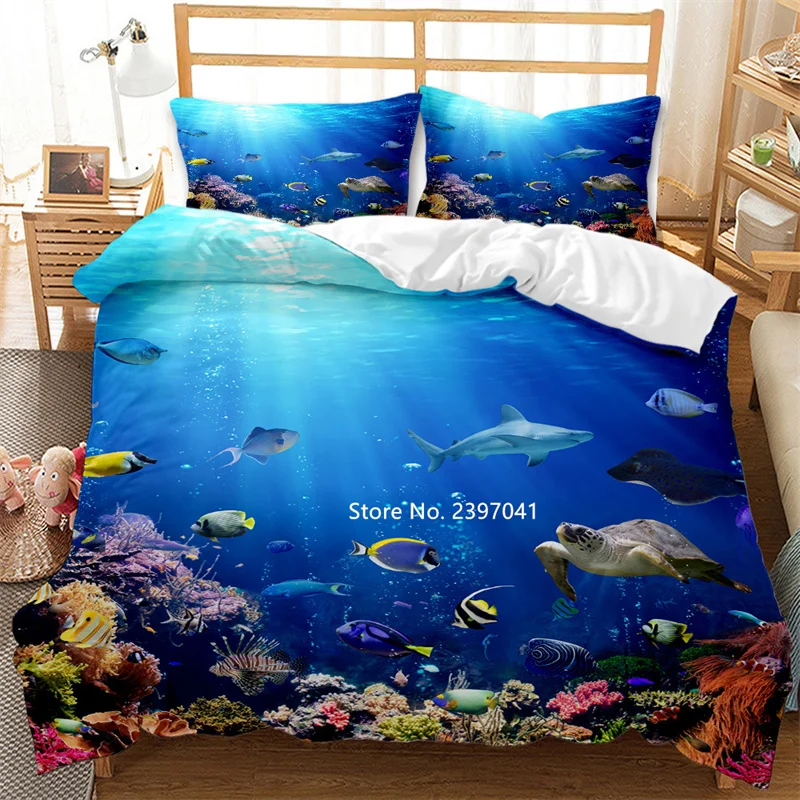 

Home Textile Marine Life Bedding Set Shoal 3D Printing Blue Down Duvet Pillowcase Children Adult Bedroom Decoration 2-3 Pieces