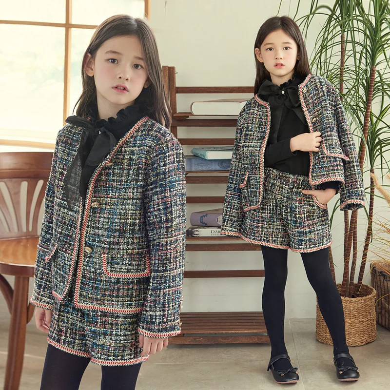 Осенне зимние элегантные клетчатые костюмы в винтажном стиле для девочек пальто